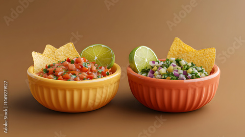 Close-up of two small bowls of different salsas, each garnished with lime wedges and tortilla chips, against a neutral background.
