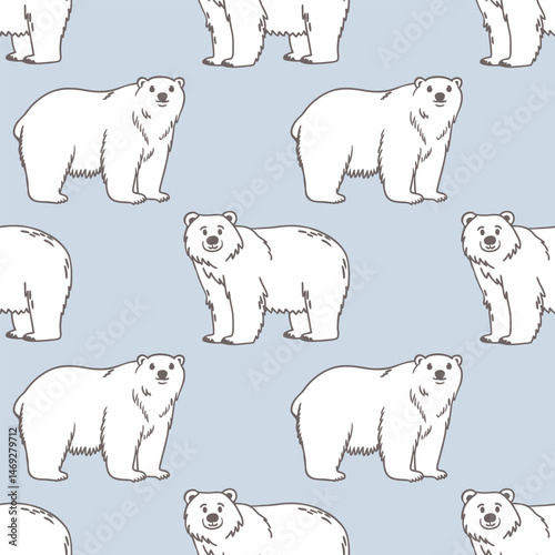 Seamless pattern with polar bears. Polar bears on light blue surface. Sketch illustration, background.