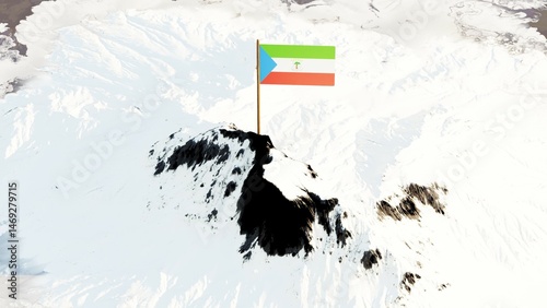 3D rendering of Equatorial Guinea's national flag, featuring horizontal bands of green, white, and red with a blue triangle at the hoist and the national coat of arms centered, gracefully waving atop 