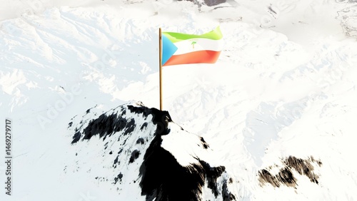 3D rendering of Equatorial Guinea's national flag, featuring horizontal bands of green, white, and red with a blue triangle at the hoist and the national coat of arms centered, gracefully waving atop 