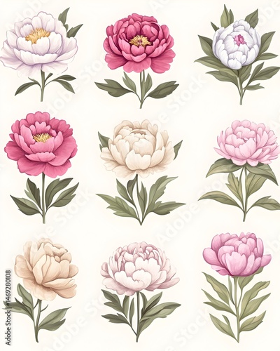 A set of nine illustrations of pink, white, and cream peonies, each with green leaves, arranged in three rows of three