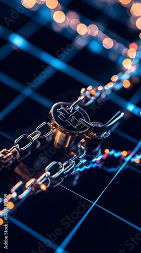 A silver chain with a padlock lies on a black and blue grid with a blue line graph and bokeh lights in the background