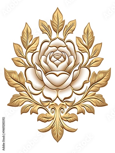 A single white rose with golden leaves and intricate scrollwork