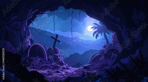 Empty Tomb With Crucifixion At night