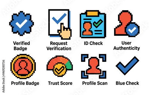 Verification and id check icons set – pixel art, profile, user authenticity symbols