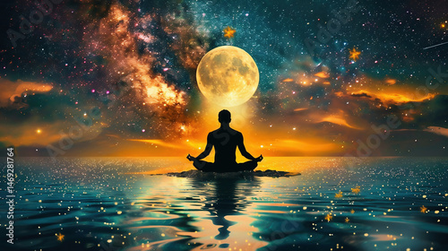 Man silhouette, meditation under stars, full moon, milky way, universe. Man silhouette in water, practicing meditation, contemplating to the stars, milky way.