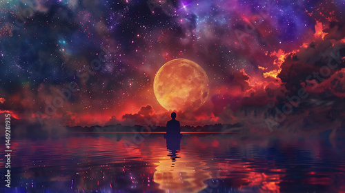 Man silhouette, meditation under stars, full moon, milky way, universe. Man silhouette in water, practicing meditation, contemplating to the stars, milky way.