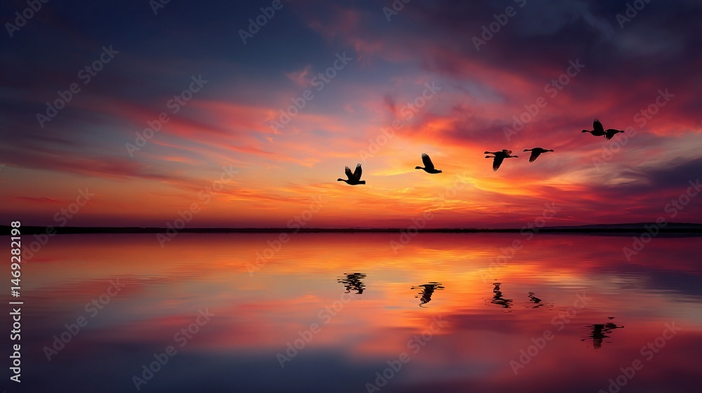 Fototapeta premium Silhouette of Birds Flying at Sunset Over a Peaceful Horizon