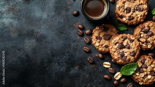 Delicious chocolate chip cookies with coffee beans.