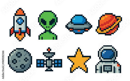 Space adventure icons set – pixel art, alien and outer space exploration symbols