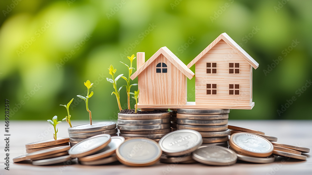Miniature wooden houses atop coin stacks with growing plants representing financial growth concept Miniature wooden houses atop coin stacks with growing plants representing financial growth concept