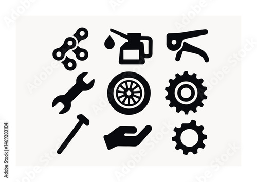 Bicycle repair solid icons set – flat, filled, maintenance and bike tools symbols
