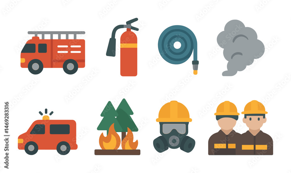 Fototapeta premium Fire safety flat icons set – emergency, rescue, firefighting symbols for prevention