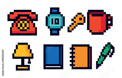 Home and office essentials icon set — pixel art, filled designs for everyday use