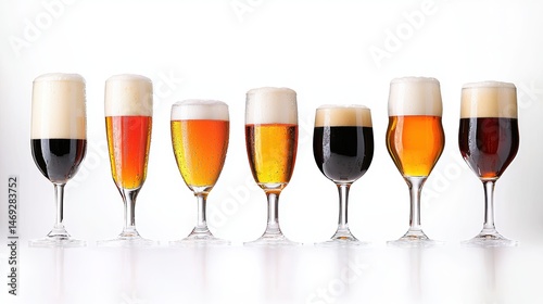 A variety of draft beer glasses with different shades from pale ale to dark stout, arranged in a row.