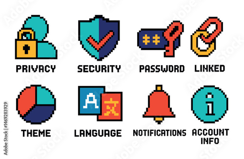 Cybersecurity pixel art icons set – solid, security, digital protection symbols
