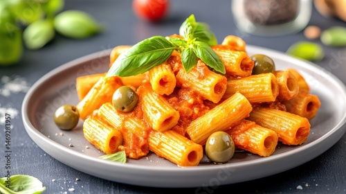 A vibrant, colorful plate of plant-based pasta with a creamy tomato sauce, topped with fresh basil and olives.