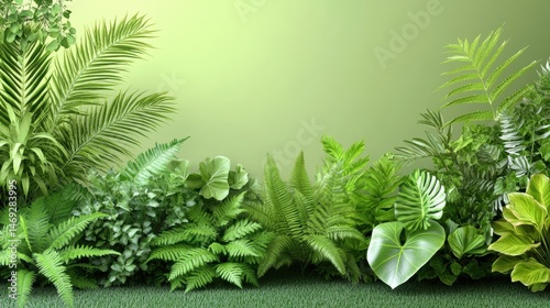A vibrant garden scene with various types of lush green foliage, including ferns, palm fronds, and creeping ivy, creating a verdant landscape.