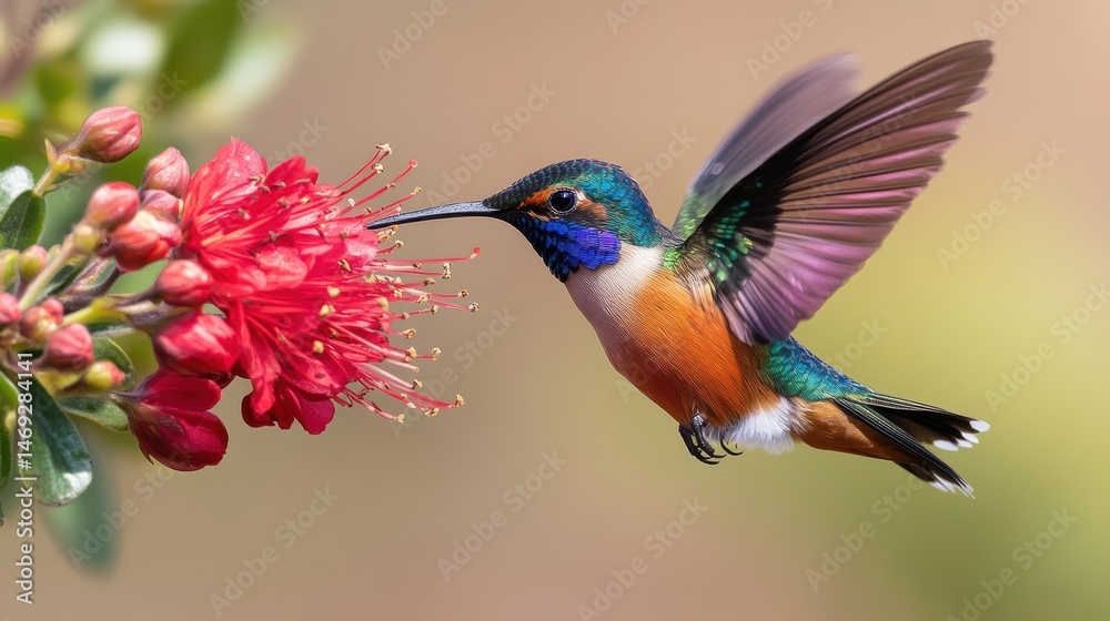 Fototapeta premium A vibrant hummingbird hovering near a bright red flower, its wings beating rapidly and iridescent feathers shimmering in the sunlight.