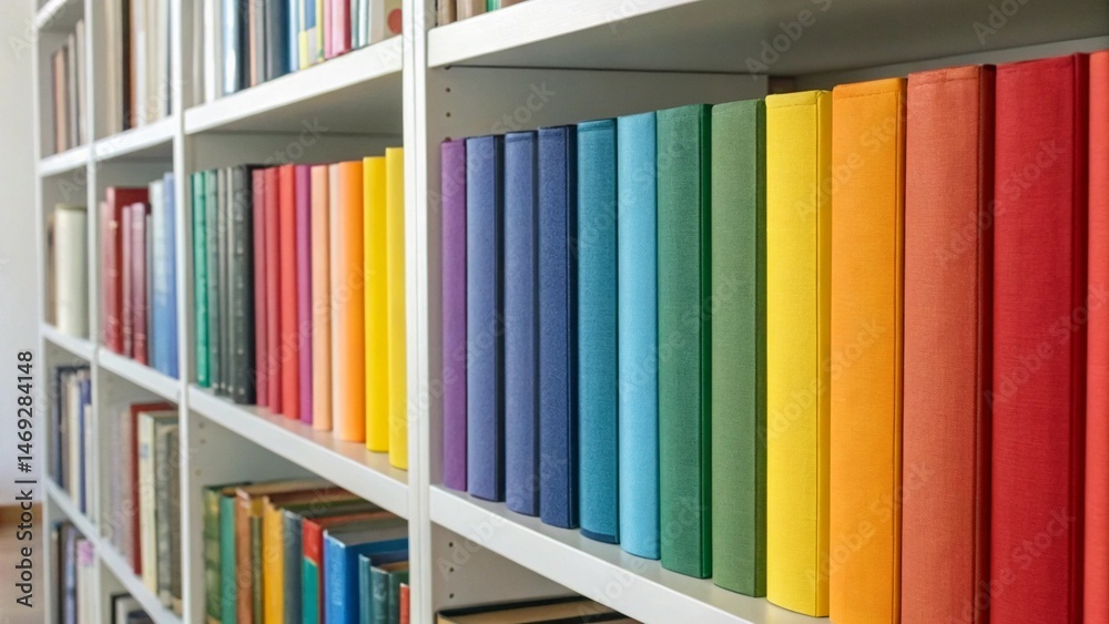 Fototapeta premium Colorful Books Various Sizes Neatly Arranged on Wooden Shelf Bright Diverse Covers