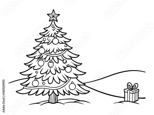 Christmas tree line art illustration, pine tree isolated on white background. For printable children's and adults coloring pages or books, kids' toddler activity