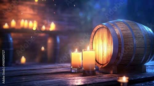 A whiskey barrel illuminated by soft candlelight in a rustic, vintage-style bar, creating a warm and inviting atmosphere for a tasting