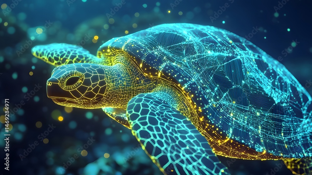 Fototapeta premium Turtle Shell in Dots: A turtle slowly moving, with its shell's intricate patterns represented by geometric dots and lines, highlighting the texture. 