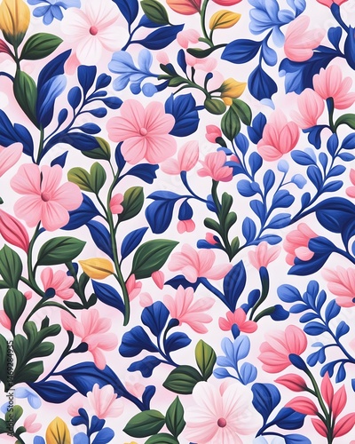 Delicate pink and blue floral pattern on a light background, featuring stylized blossoms, leaves, and stems