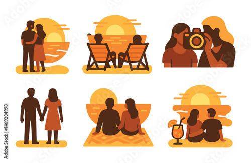 Sunset and leisure icons set – flat, silhouette, vacation and couple symbols