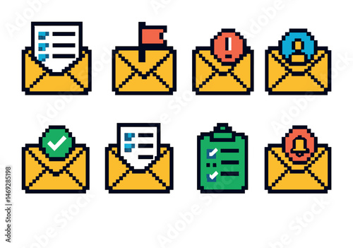 Pixel art icons of email notifications and alerts for digital communication design