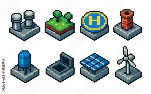 Infrastructure and utility icons set – pixel art, isometric, building and facility symbols