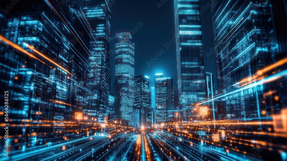Futuristic Cityscape with Digital Network and Technological Elements Futuristic Cityscape with Digital Network and Technological Elements