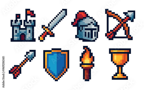 Medieval pixel art icons set – knight, castle, and armor symbols