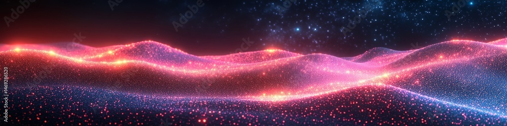 Fototapeta premium Premium wide-format visualization of blockchain technology network featuring a flowing digital mesh structure with glowing purple and pink connections. This is AI Generated LinkedIn banner