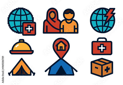 Humanitarian and aid icons set – flat, health, relief, assistance symbols