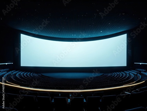 Empty modern cinema, large screen, dark interior