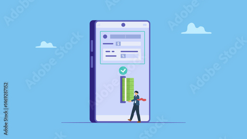 Vector illustration of entrepreneurs get business capital through applications. Online transaction, fintech, mobile banking app concept.