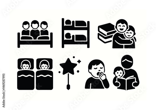 Family and parenting solid icons set – silhouette, filled, childcare and bedtime symbols