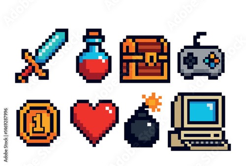 Retro video game icons set - pixel art, gaming, nostalgic graphics collection