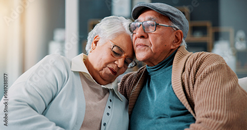 Bild auf Leinwand Senior couple, hug and sad in home with love, support and comfort in retirement relationship