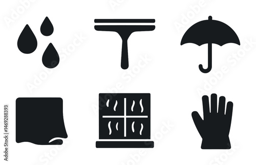 Cleaning and maintenance solid icons set – simple, filled, housekeeping symbols
