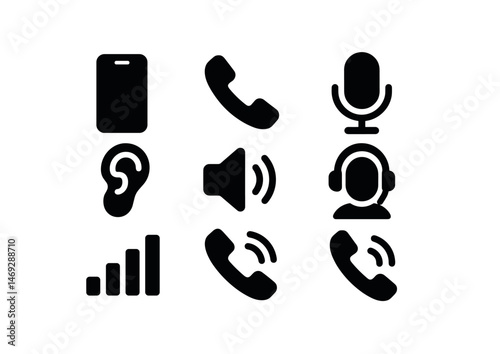 Communication solid icons set – phone, audio, connectivity symbols