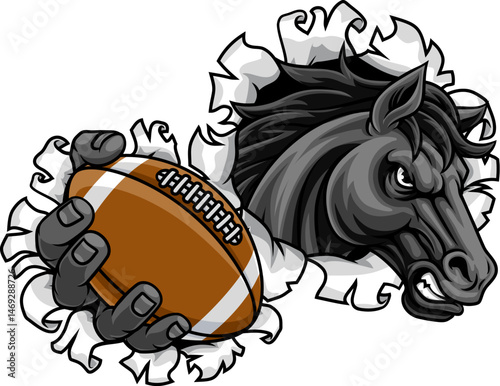 Horse mustang bronco stallion American football angry sports team mascot holding a ball.