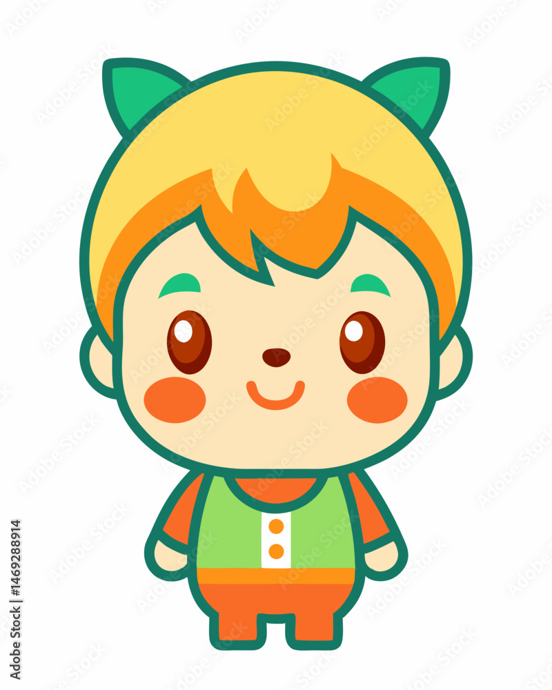 Adorable Cartoon Baby Boy with Blond Hair and Green Ears in Cute Outfit Adorable Cartoon Baby Boy with Blond Hair and Green Ears in Cute Outfit