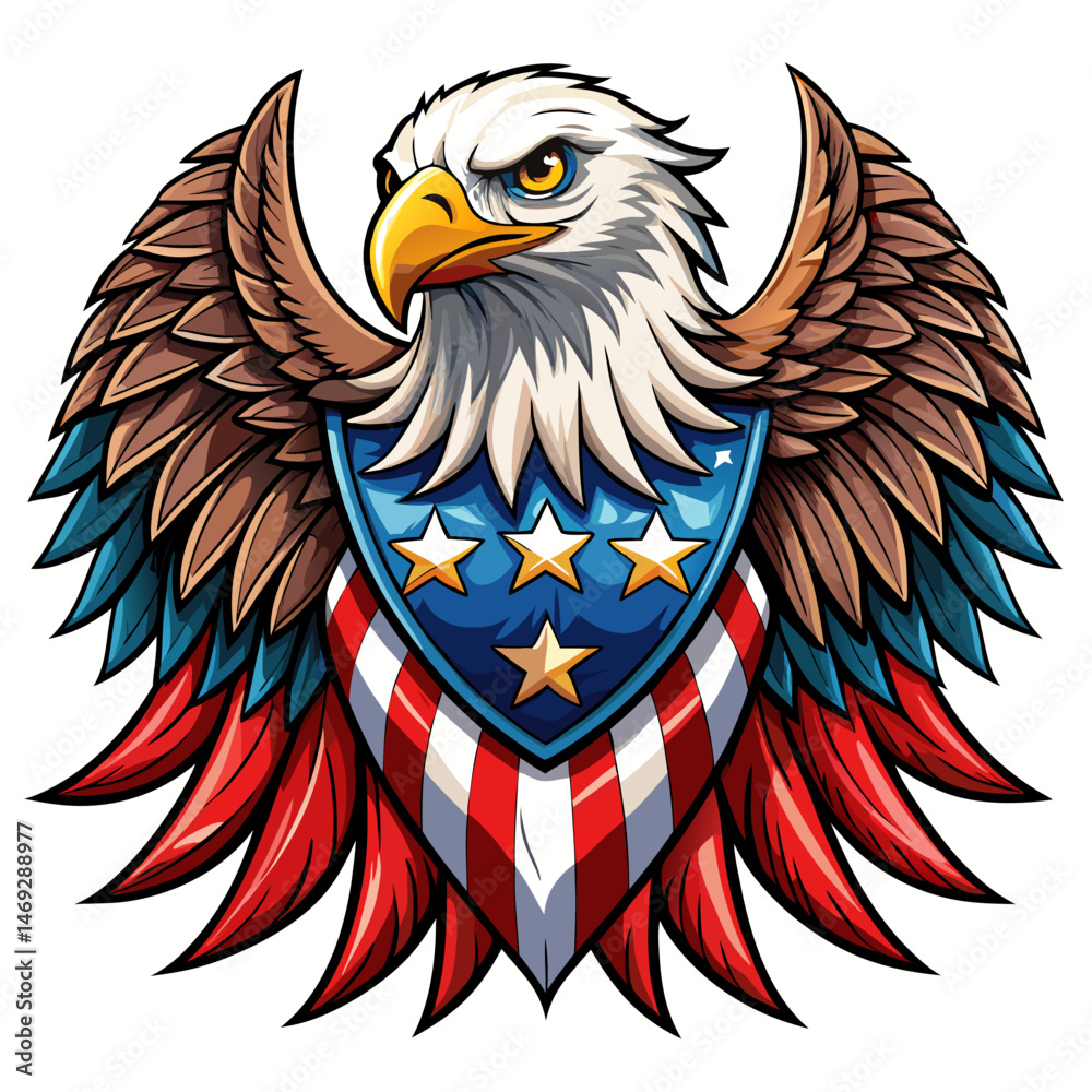 Fototapeta premium American Bald Eagle Emblem with Wings and Shield Patriotic Design