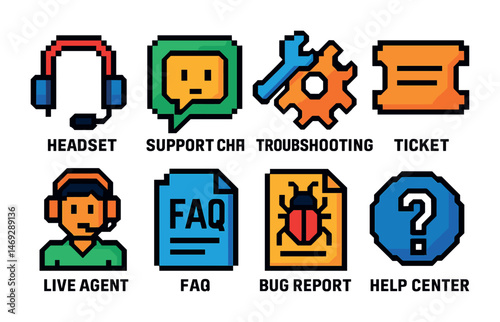 Customer support pixel art icons set – help center, troubleshooting, assistance