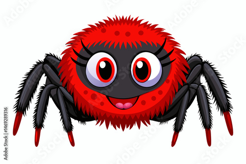Cute Cartoon Red and Black Fuzzy Spider Character Illustration