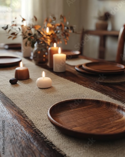 Rustic dining table setting.  Wooden plates, candles, and linen runner