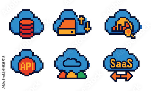 Cloud computing pixel art icons set – technology, data management symbols
