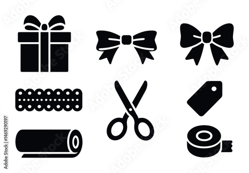 Gift wrapping silhouette icons set – packaging, presents, decorative elements